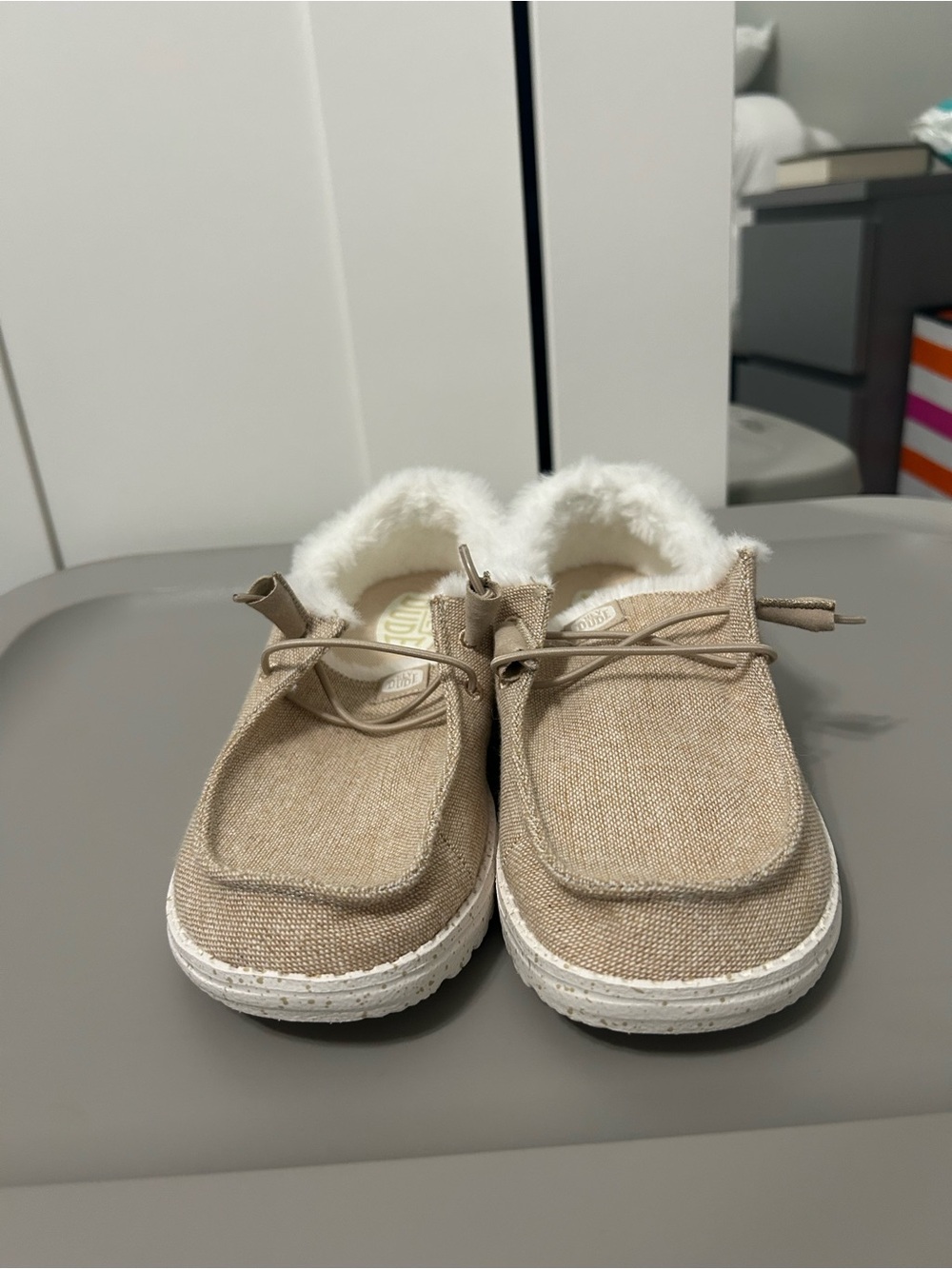 Hey Dude women’s  Moccasins in Tan with White Faux Fur